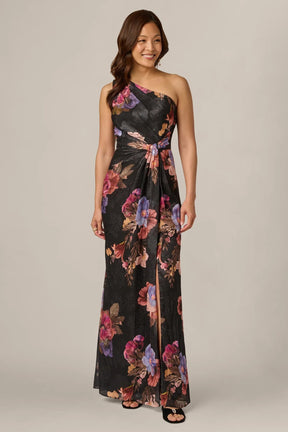 One Shoulder Knot Waist Floral Chiffon Gown