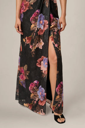One Shoulder Knot Waist Floral Chiffon Gown