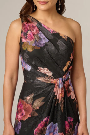 One Shoulder Knot Waist Floral Chiffon Gown