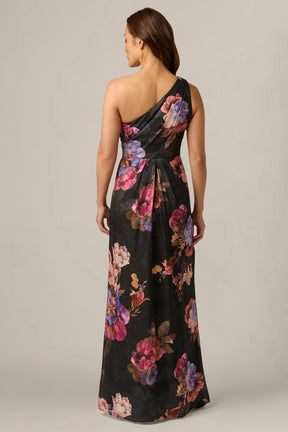 One Shoulder Knot Waist Floral Chiffon Gown
