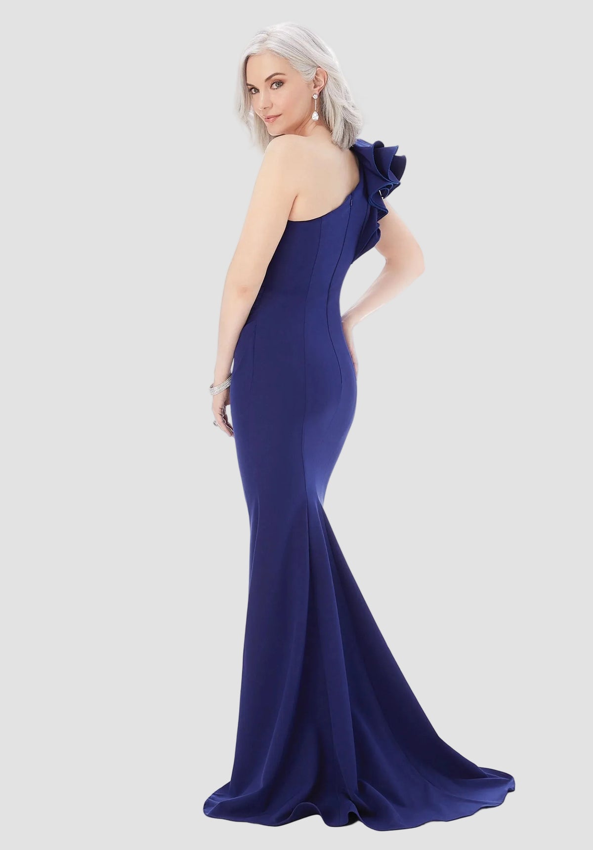 One Shoulder Ruffle Detail Ruched Sheath Gown