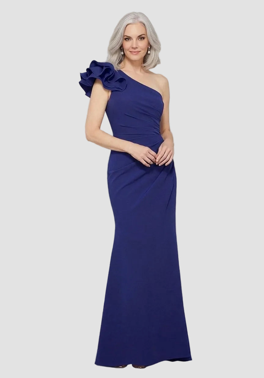 One Shoulder Ruffle Detail Ruched Sheath Gown