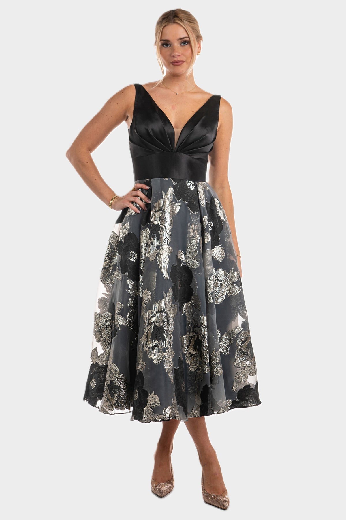 Organza Floral Jacquard Midi Dress