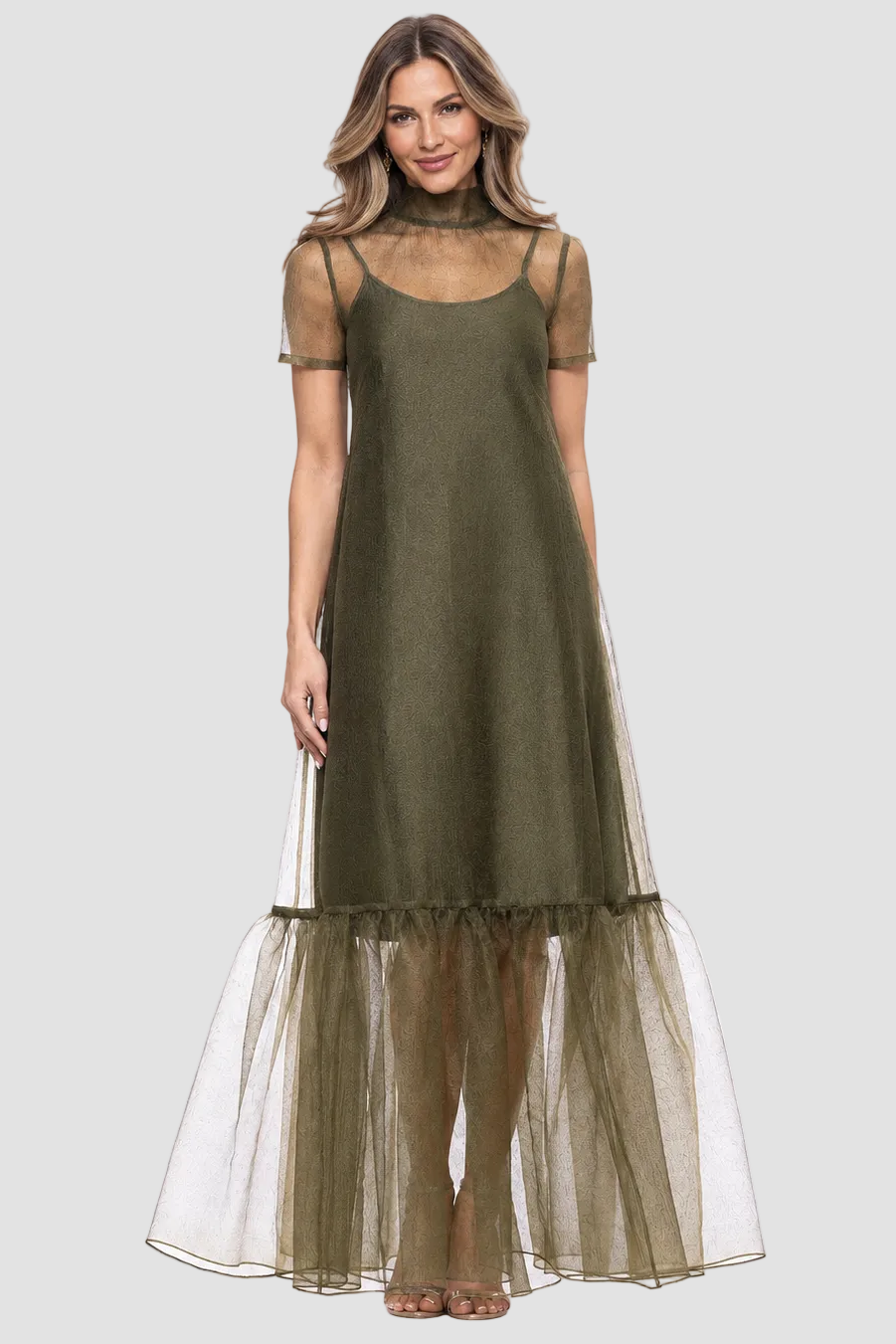 Organza Mock Neck Two Piece Dress