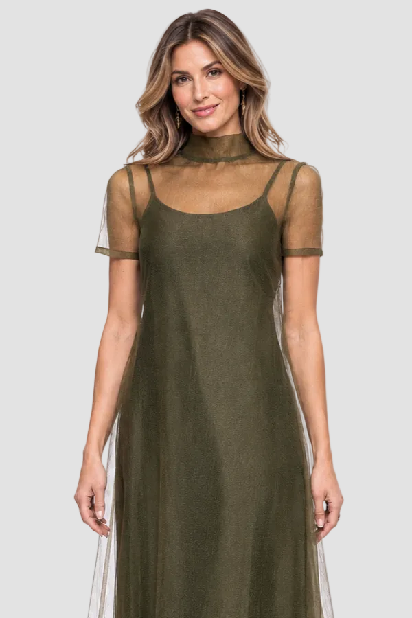 Organza Mock Neck Two Piece Dress
