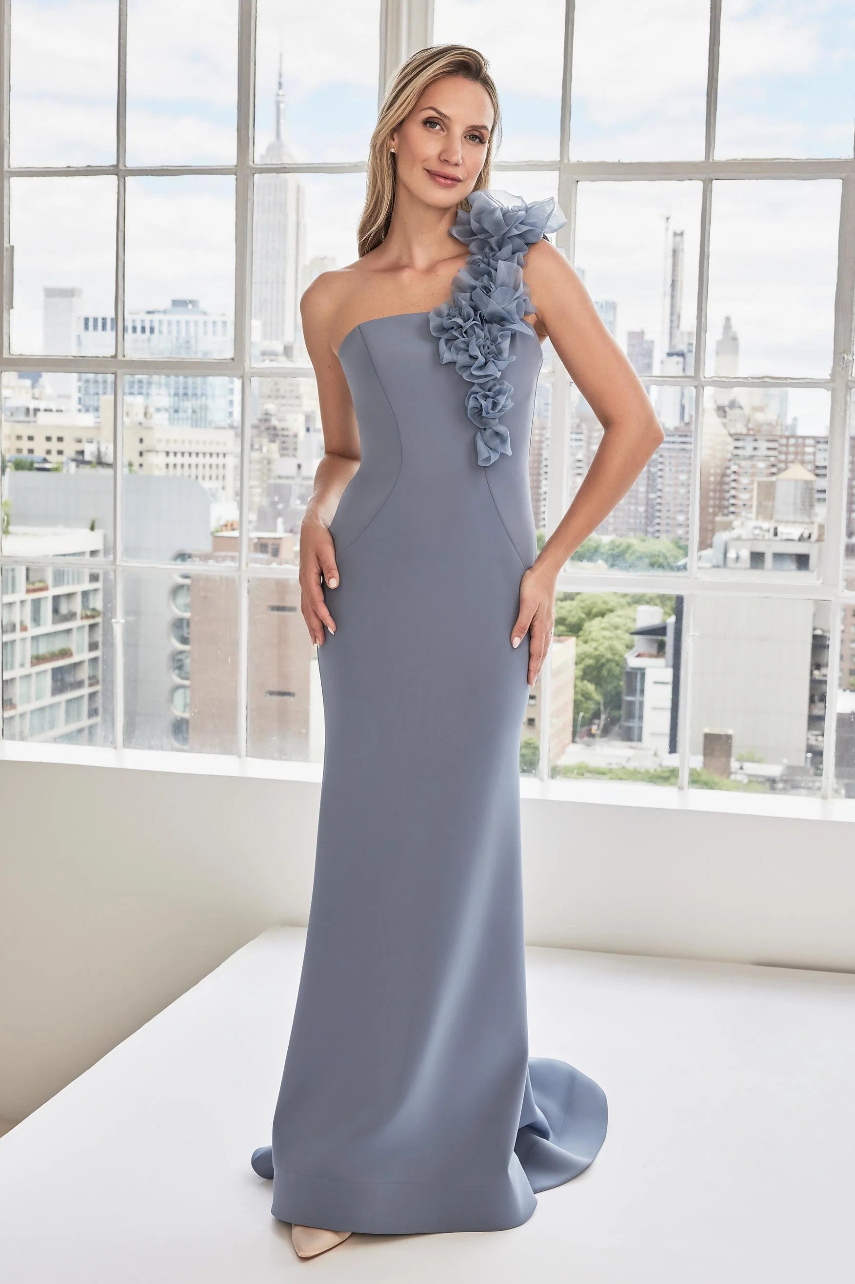 Organza Rosettes One Shoulder Gown