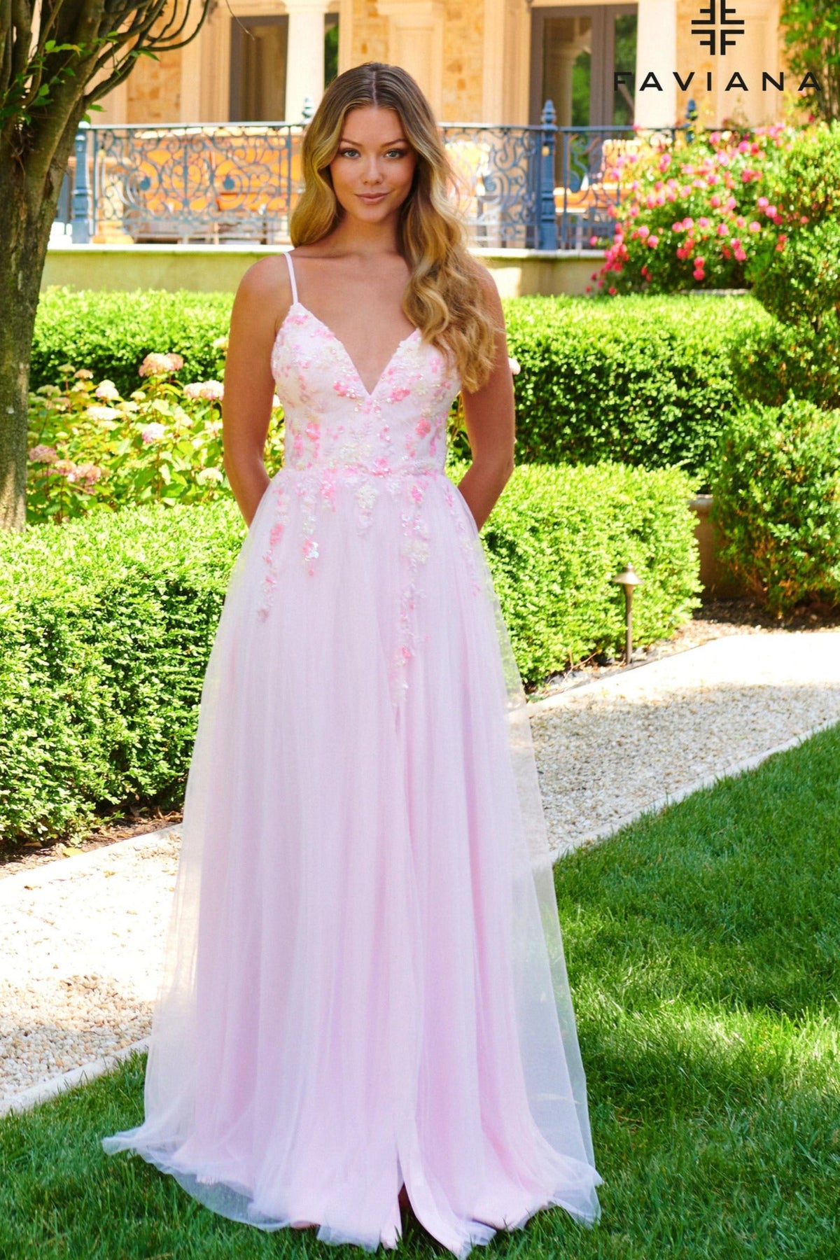 Pastel V-Neck Gown With Beaded Bodice