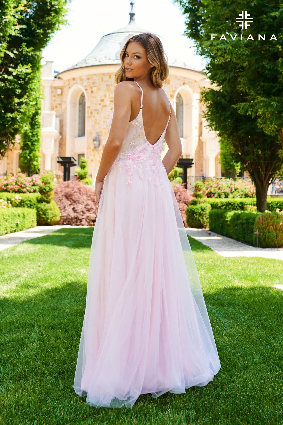 Pastel V-Neck Gown With Beaded Bodice