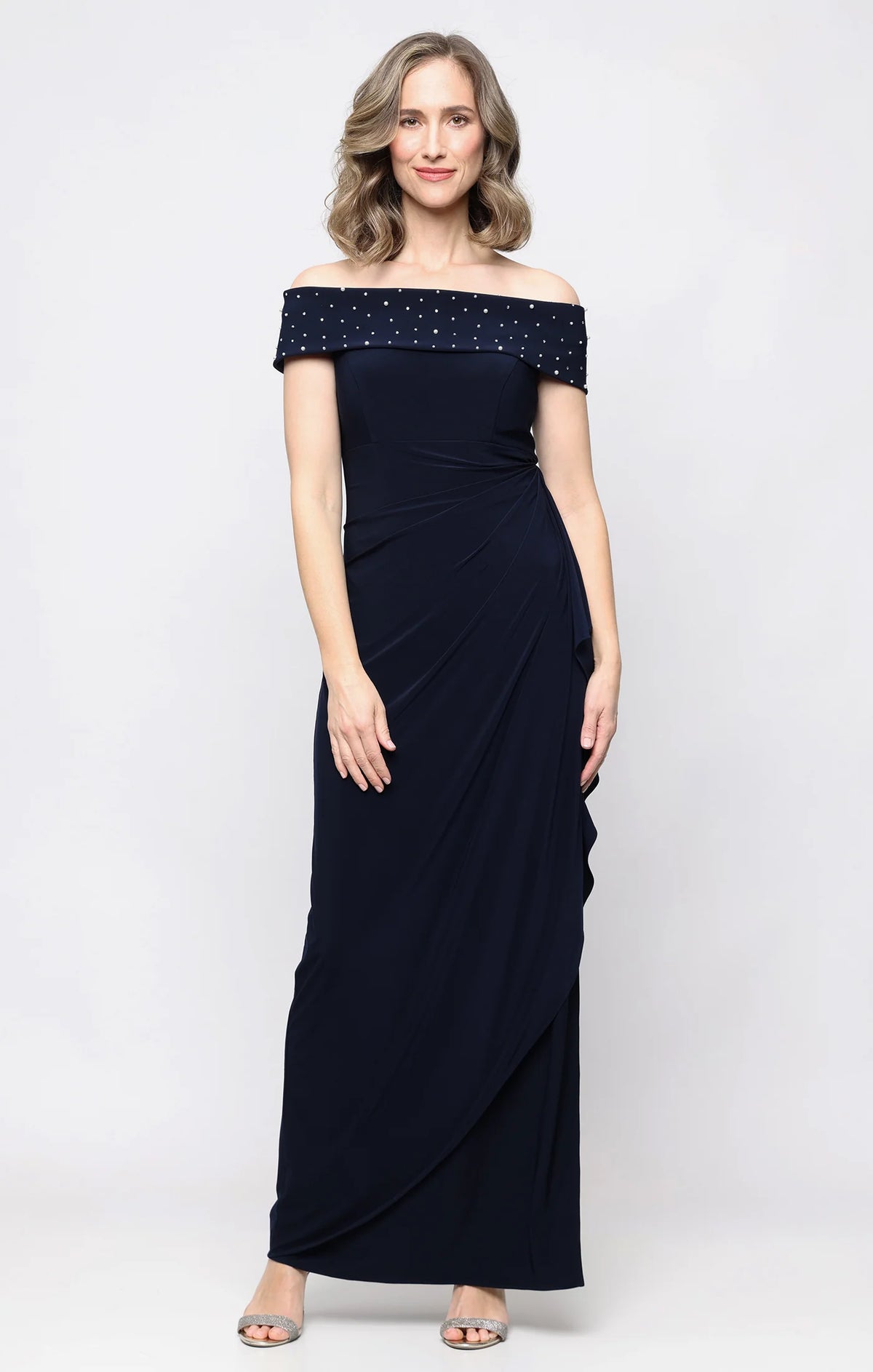 Pearl Off Shoulder Gown with Cascading Ruffle