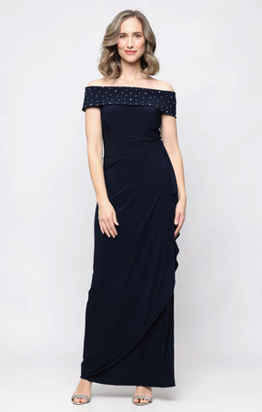 Pearl Off Shoulder Gown with Cascading Ruffle