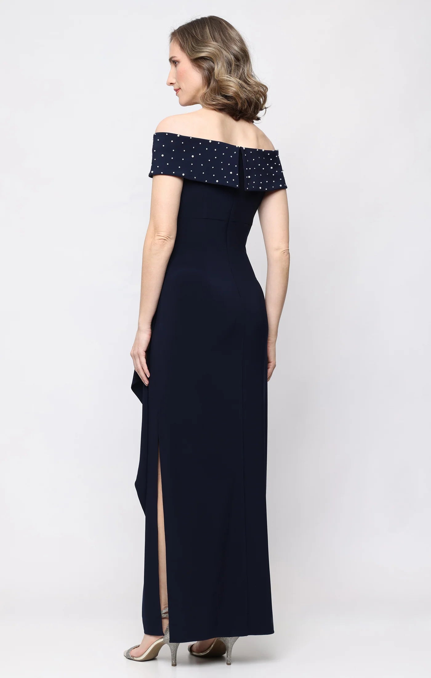 Pearl Off Shoulder Gown with Cascading Ruffle