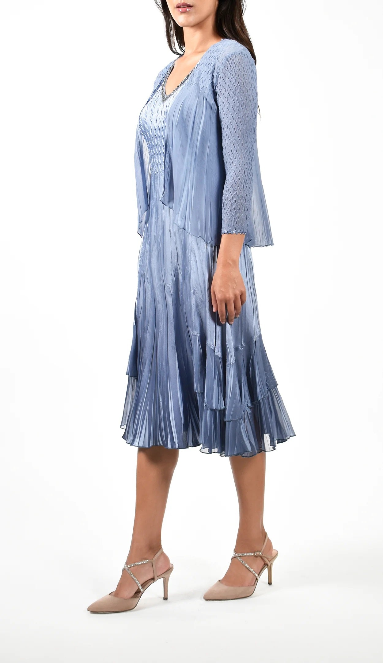 Persian Violet Blue Ombre Pleated Dress With Jacket