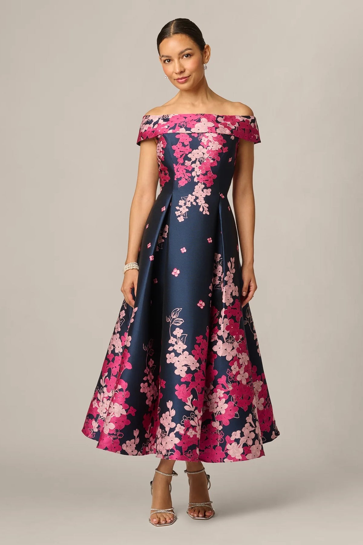 Petite Floral Jacquard Off Shoulder Dress