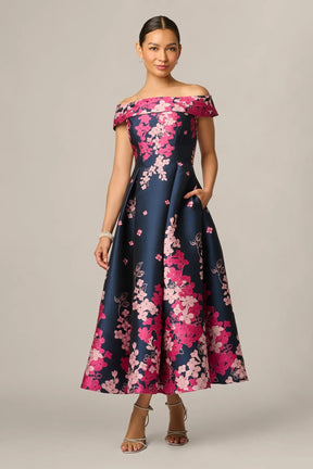 Petite Floral Jacquard Off Shoulder Dress