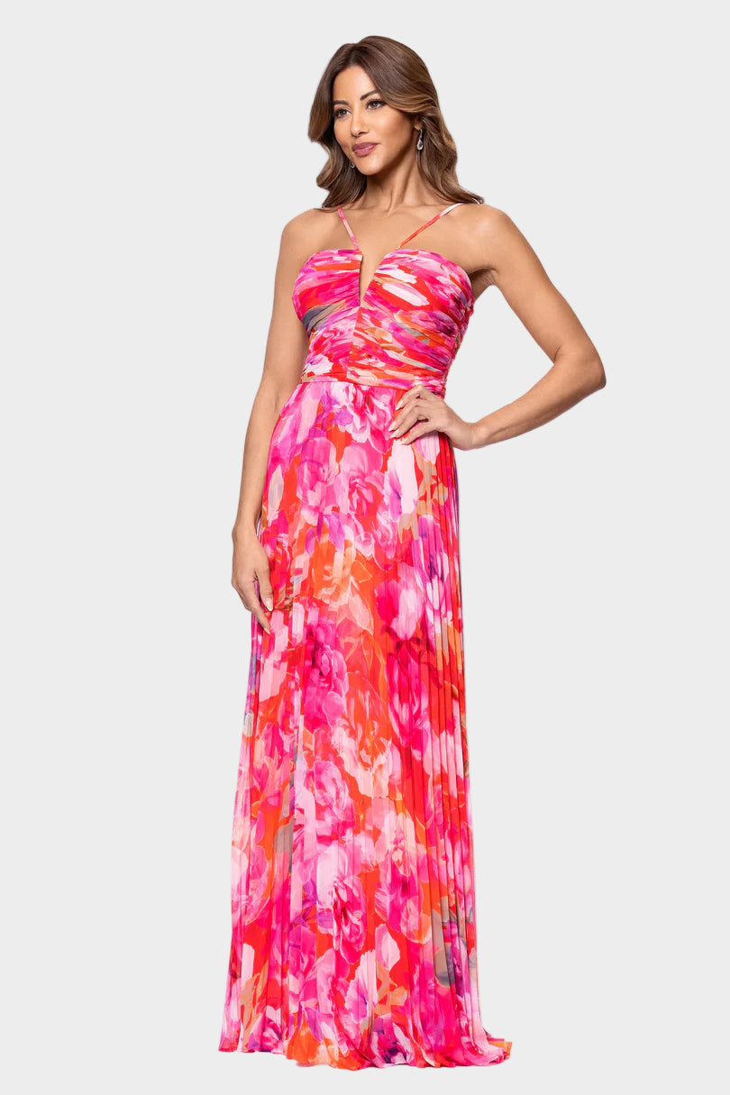 Pleated Floral Chiffon Maxi Dress