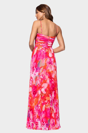 Pleated Floral Chiffon Maxi Dress
