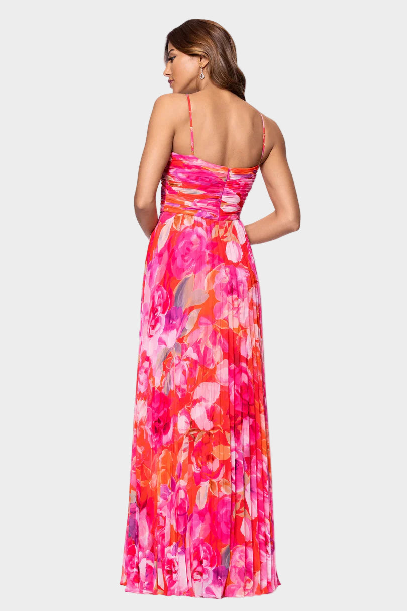 Pleated Floral Chiffon Maxi Dress