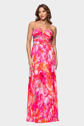 Pleated Floral Chiffon Maxi Dress