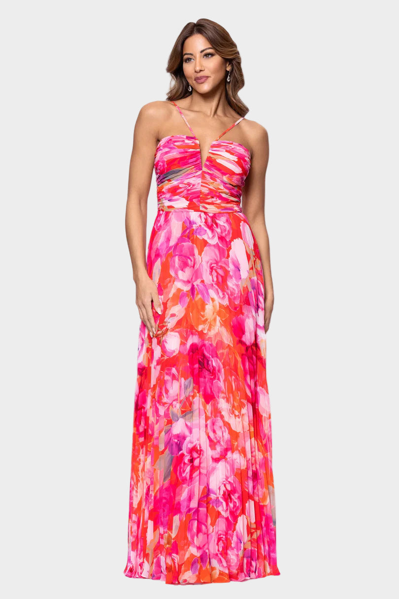 Pleated Floral Chiffon Maxi Dress