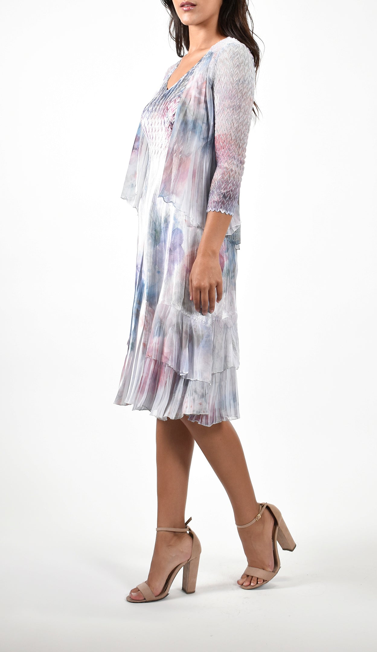 Pleated Pastel Floral Dress With Jacket