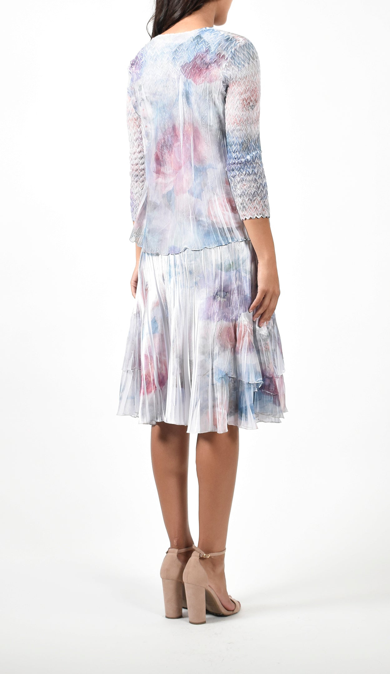 Pleated Pastel Floral Dress With Jacket
