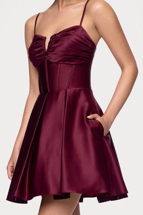 Pleated Sweetheart Short Satin Dress