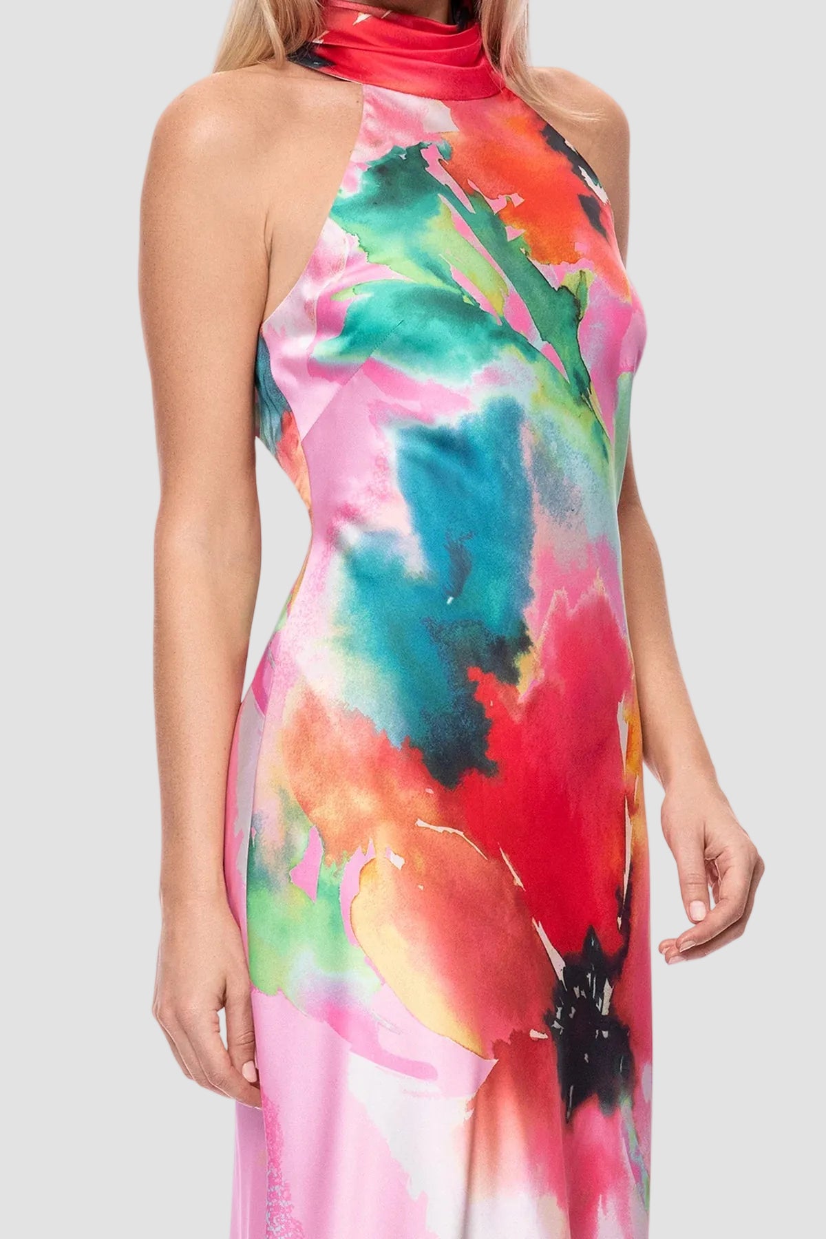 Poppy Print Satin Halter Maxi Dress