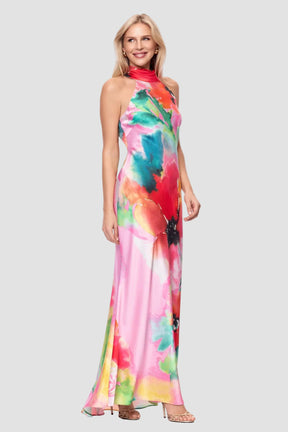 Poppy Print Satin Halter Maxi Dress