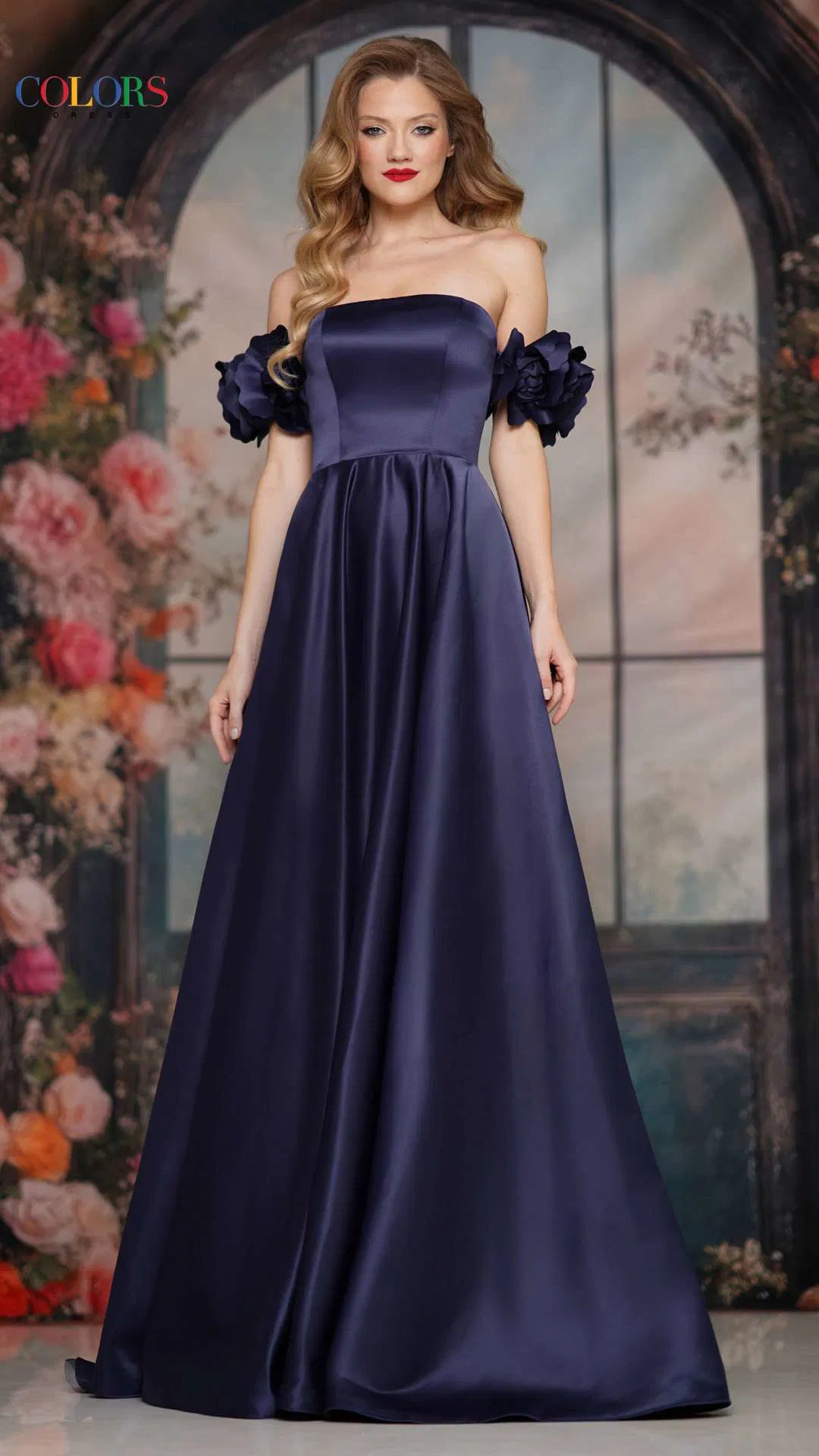 Rosette Sleeve Strapless Satin Gown
