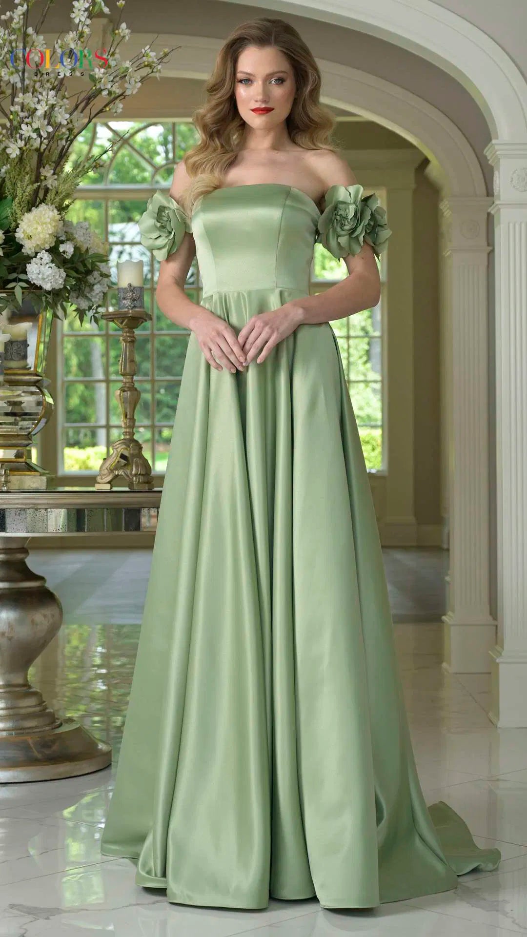 Rosette Sleeve Strapless Satin Gown