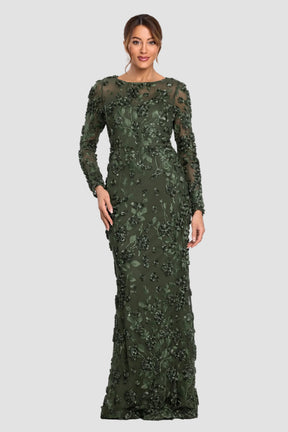 Ruby Raised Flowers Long Sleeve Gown