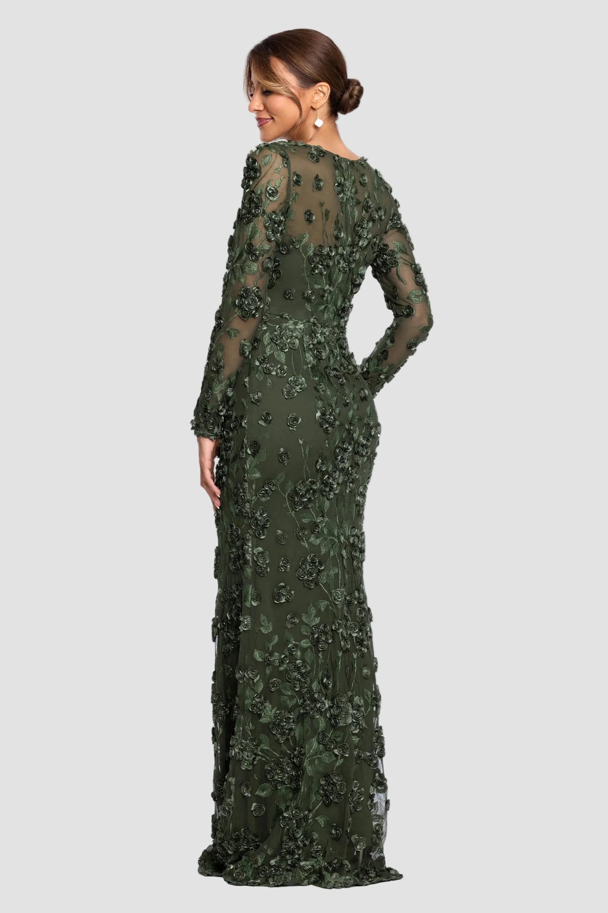 Ruby Raised Flowers Long Sleeve Gown