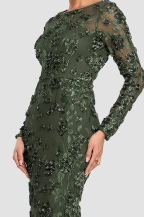 Ruby Raised Flowers Long Sleeve Gown