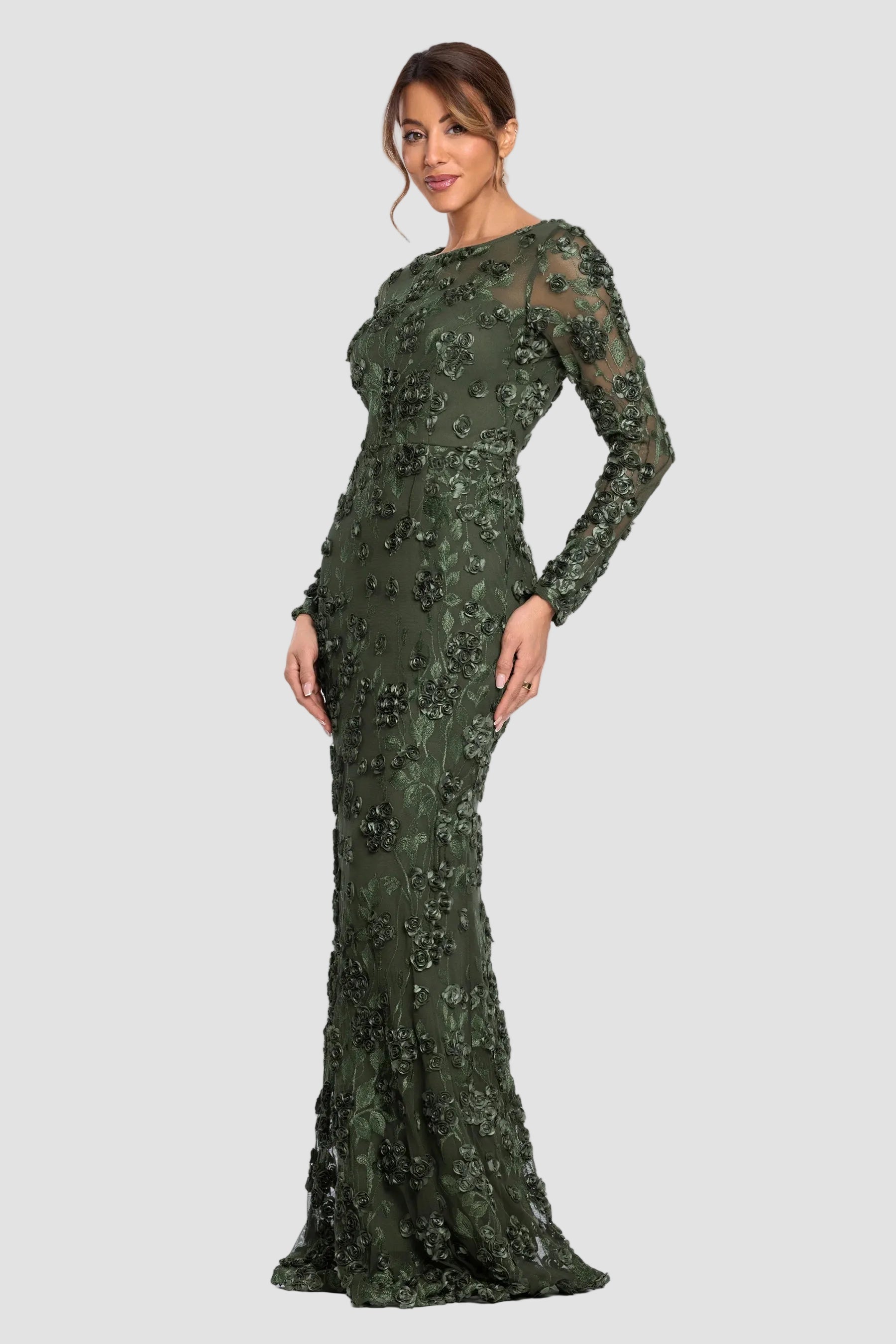 Ruby Raised Flowers Long Sleeve Gown