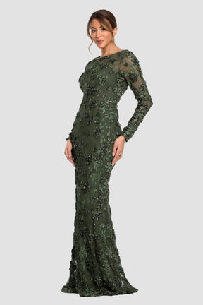 Ruby Raised Flowers Long Sleeve Gown