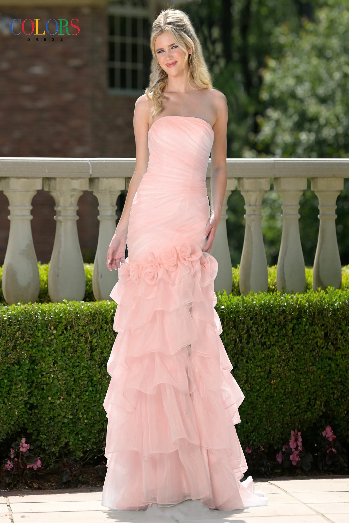 Ruched 3D Flower Layered Hem Gown