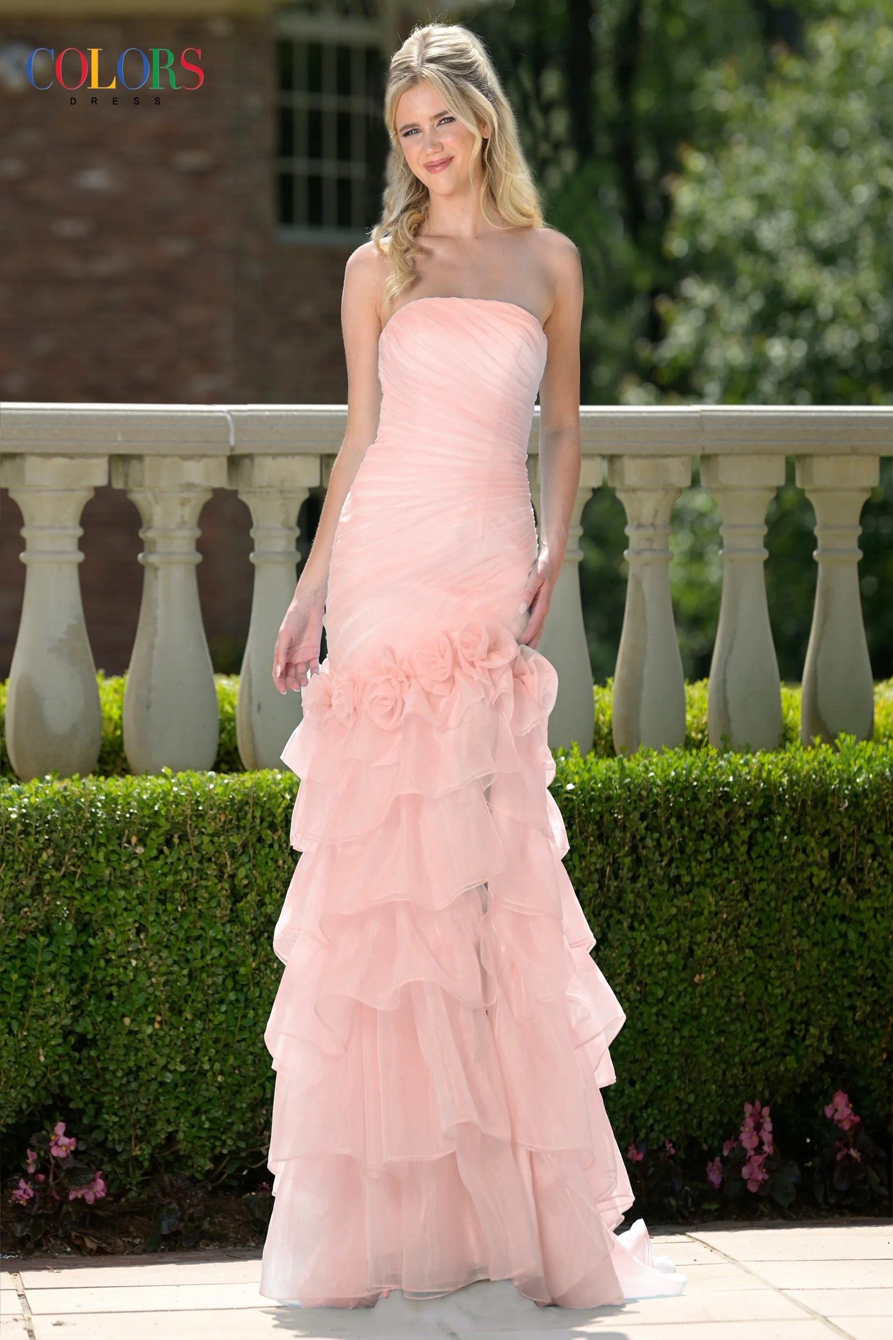 Ruched 3D Flower Layered Hem Gown