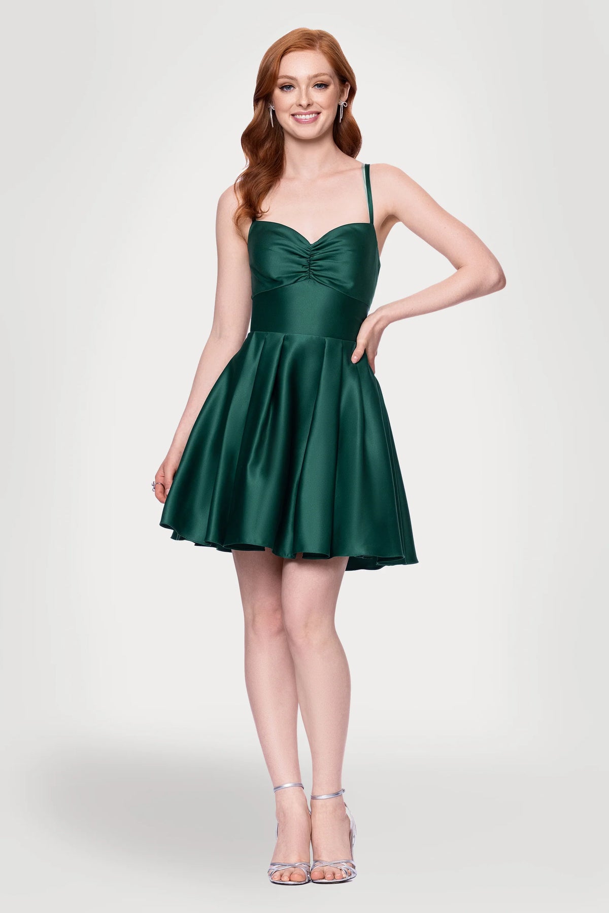 Ruched Sweetheart Lace-Up Back Short Satin Dress