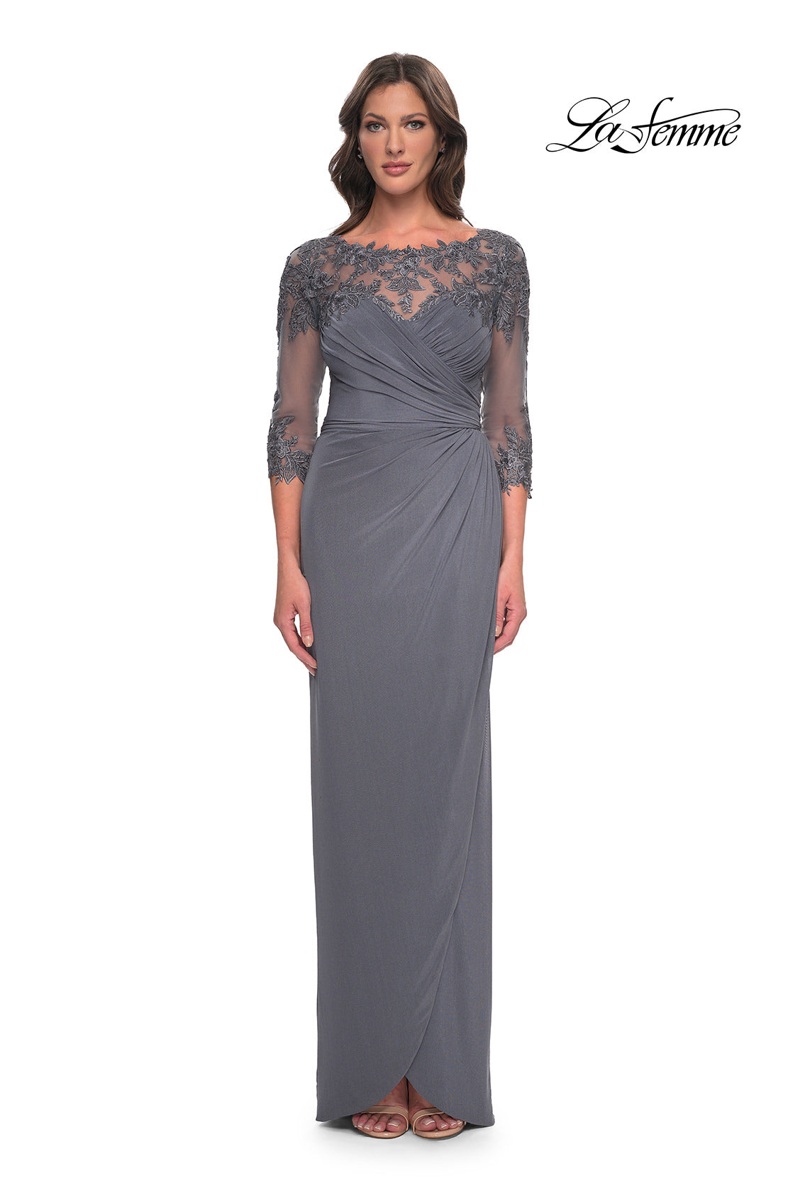 Ruched Tulip Hem Gown with Illusion Neckline and Sleeves