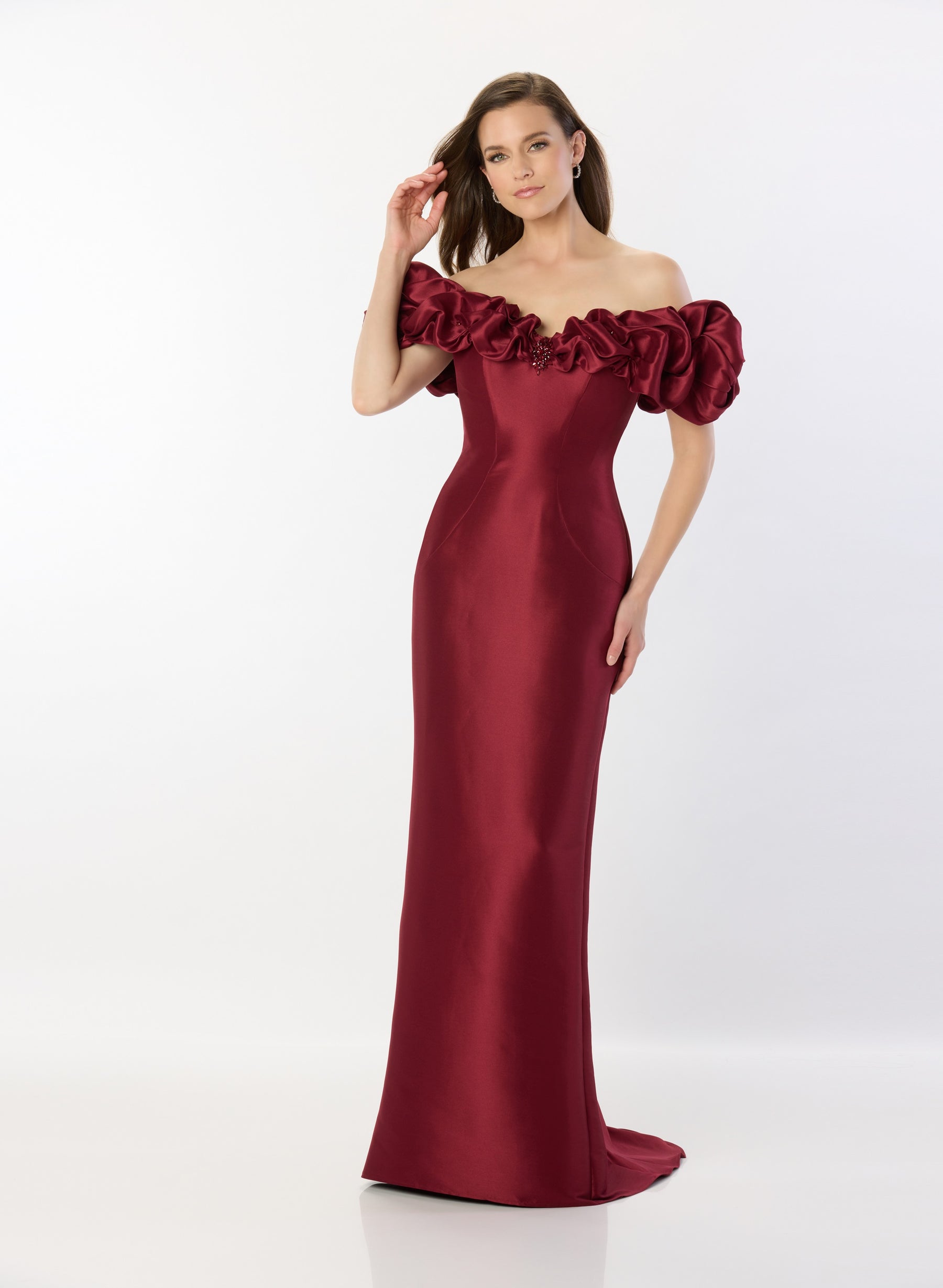 Ruffle Off Shoulder Gown with Bead Accents
