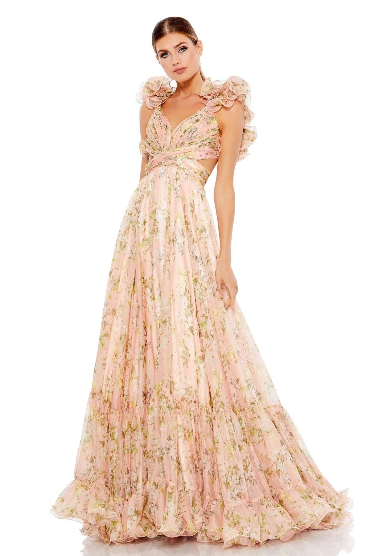Ruffle Tiered Floral Cut-Out Gown