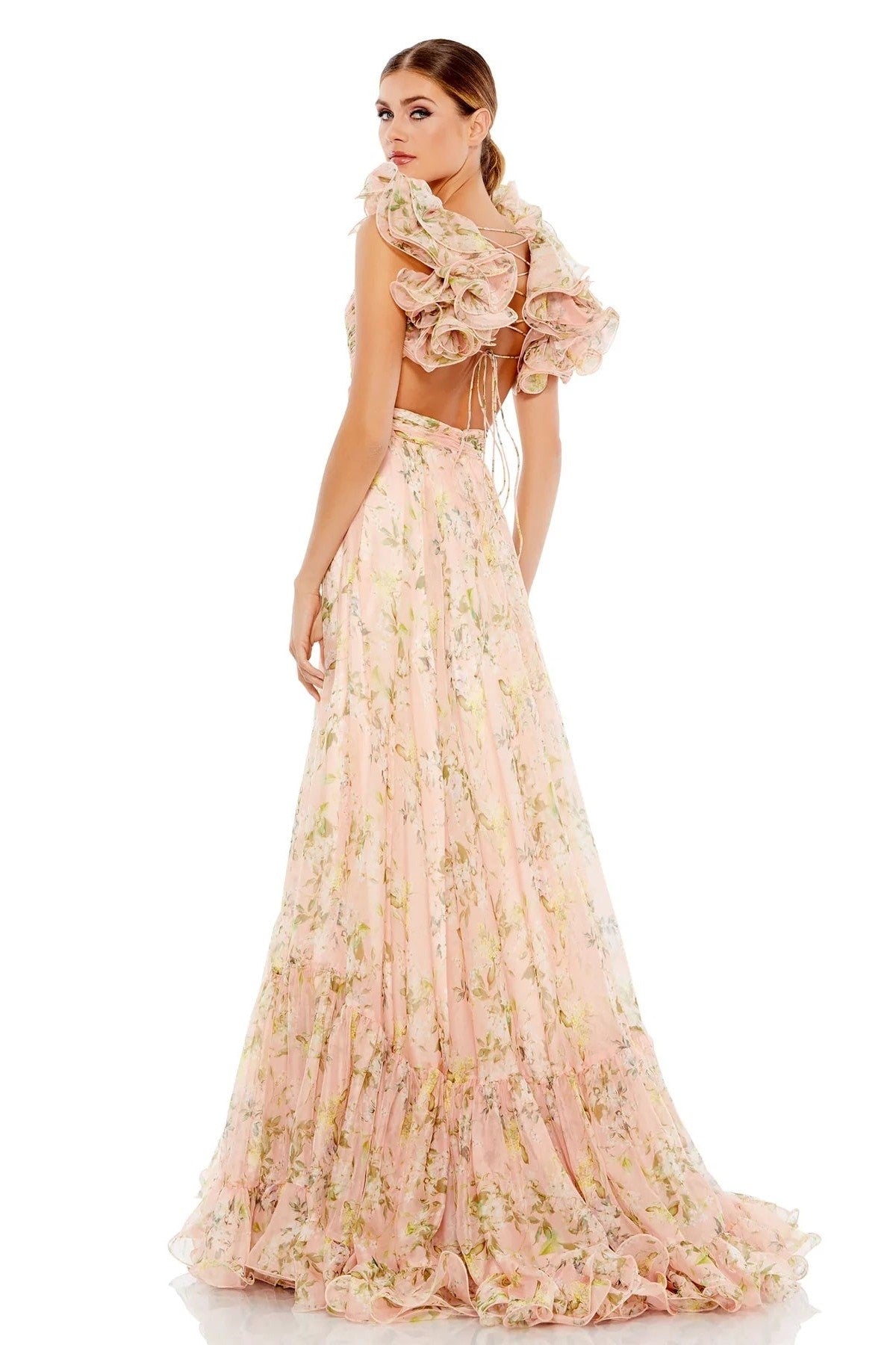 Ruffle Tiered Floral Cut-Out Gown