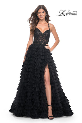 Ruffle Tulle Gown with Beaded Illusion Bodice