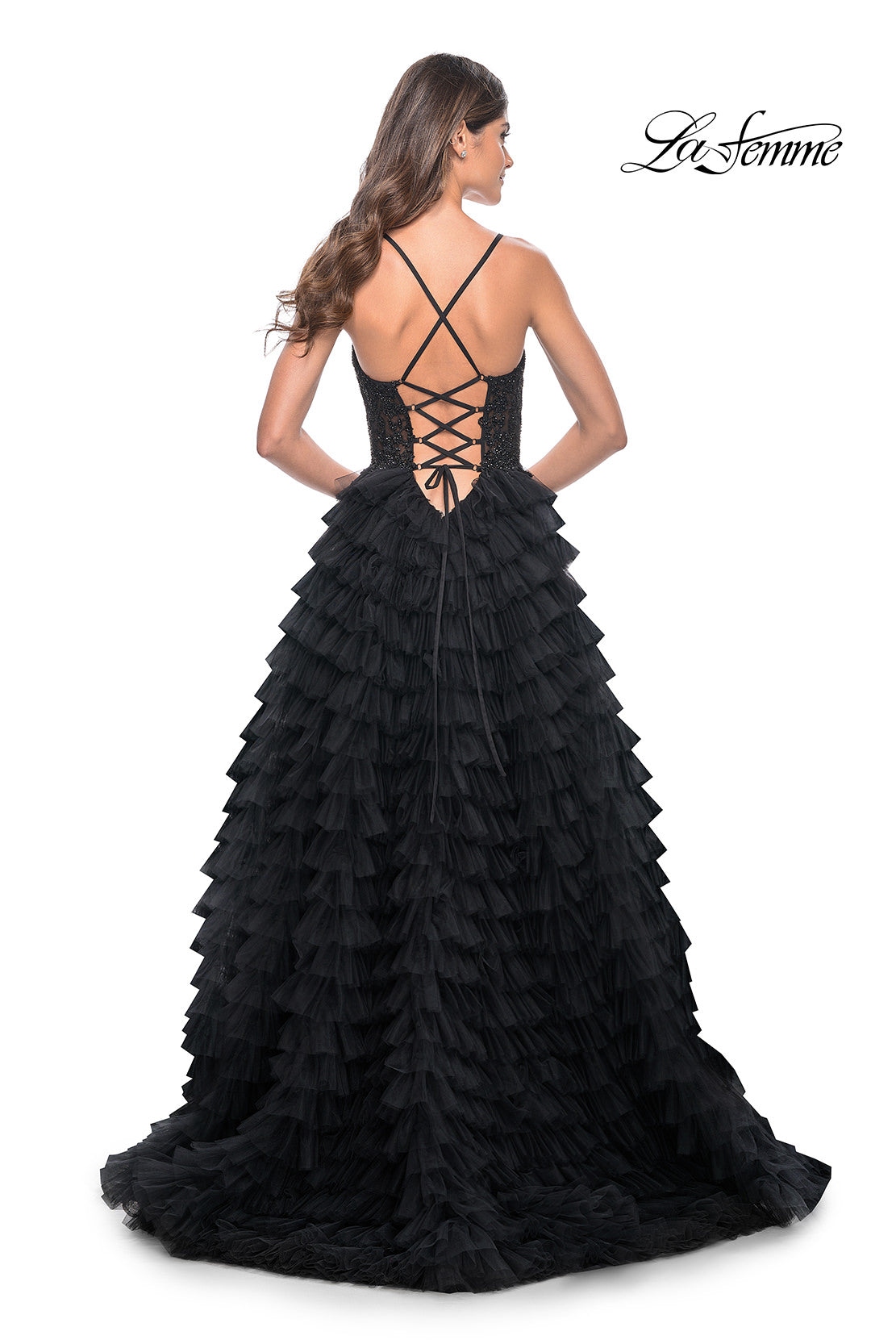 Ruffle Tulle Gown with Beaded Illusion Bodice