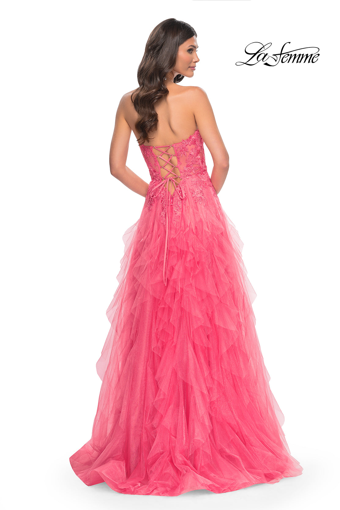 Ruffle Tulle Gown with Lace Up Bustier Bodice