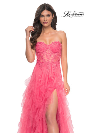 Ruffle Tulle Gown with Lace Up Bustier Bodice