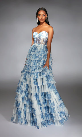 Ruffled Floral Strapless Gown