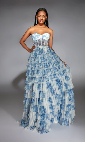 Ruffled Floral Strapless Gown