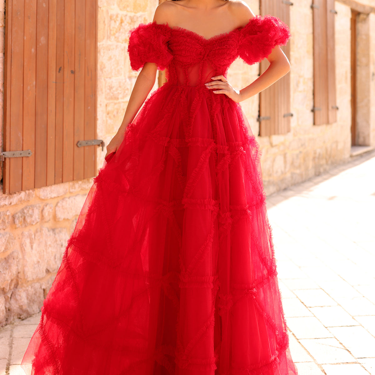 リルアー　Off shoulder balloon dress Ruffled_TieredOffShoulderGown_