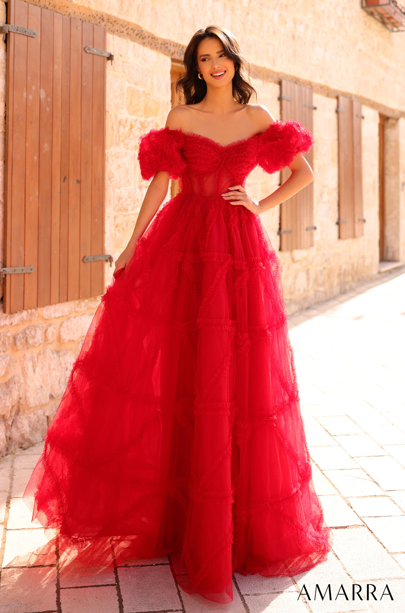 Ruffled & Tiered Off Shoulder Gown